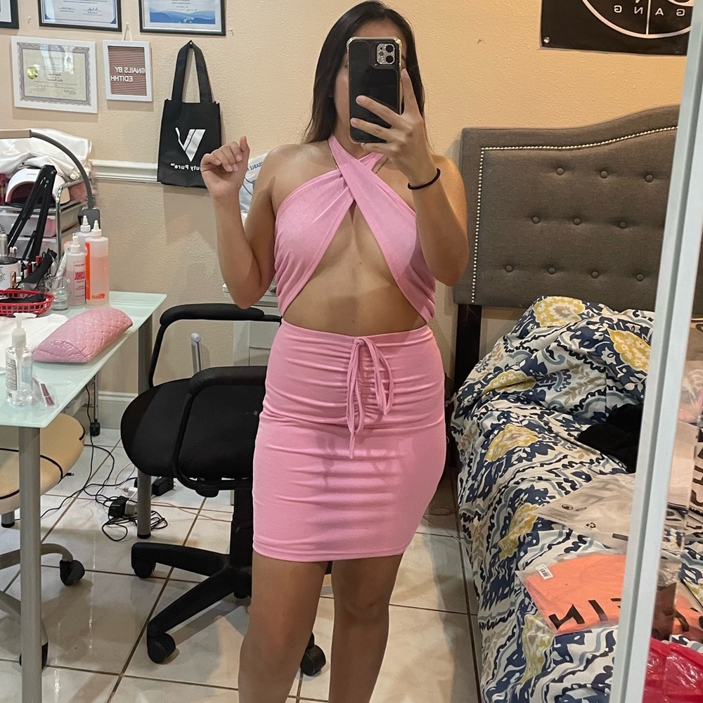 Pink Crisscross tie backless dress